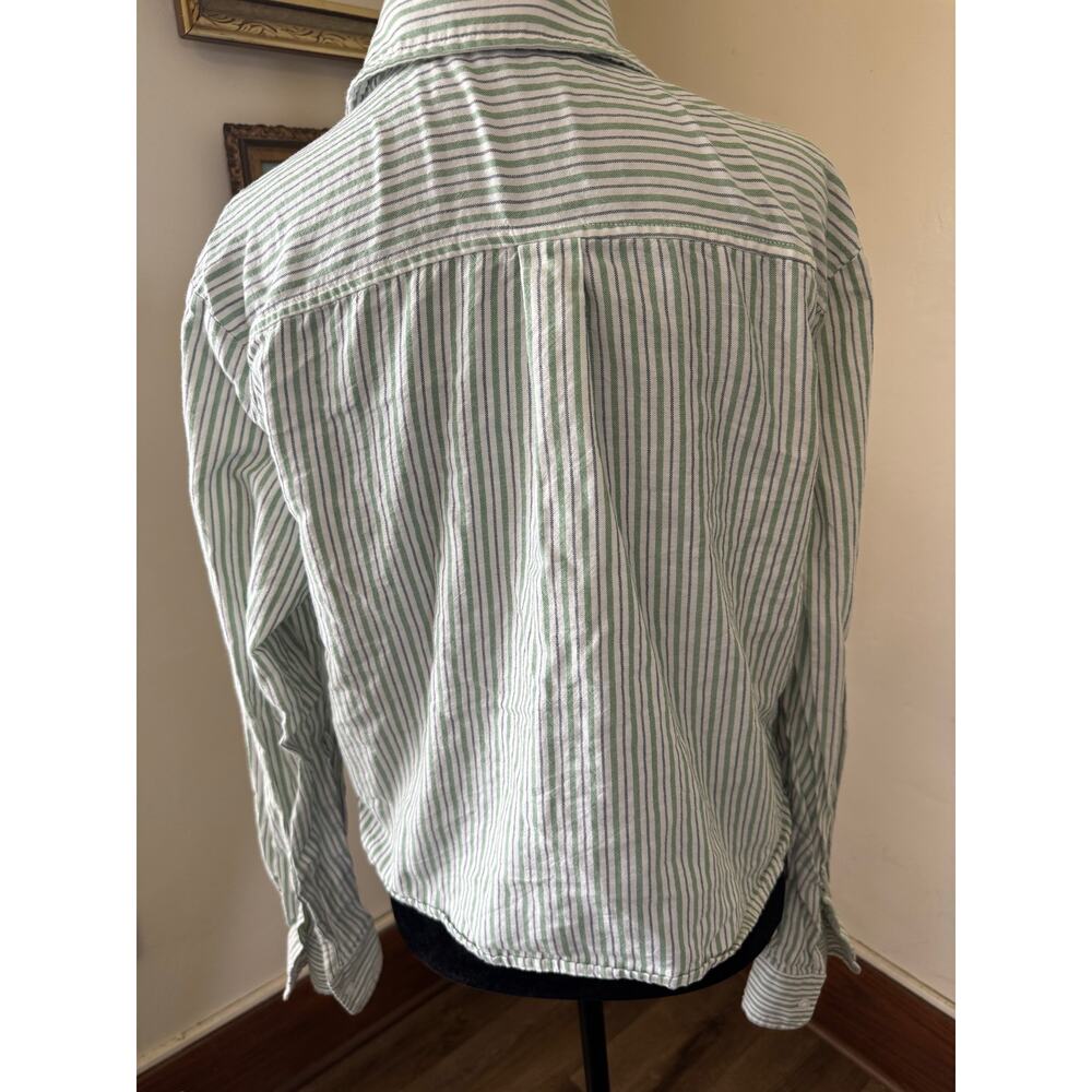 Old Navy The Cropped Shirt XS Tall 100% Cotton Green Stripe Button Down - Picture 4 of 10